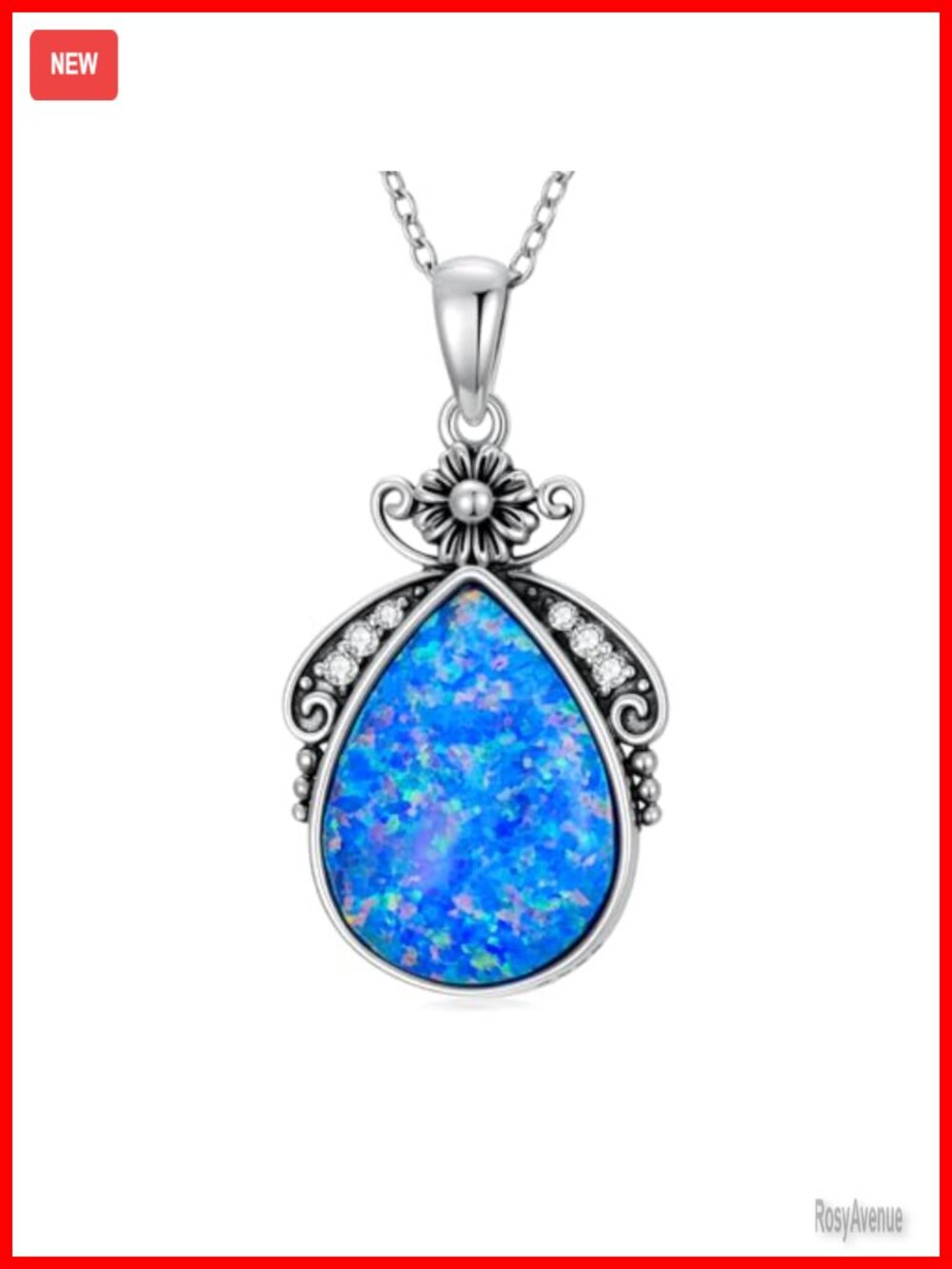 Teardrop Opal Pendant Necklace Sterling Silver Lab Grown Diamond 18+2 Inch Chain